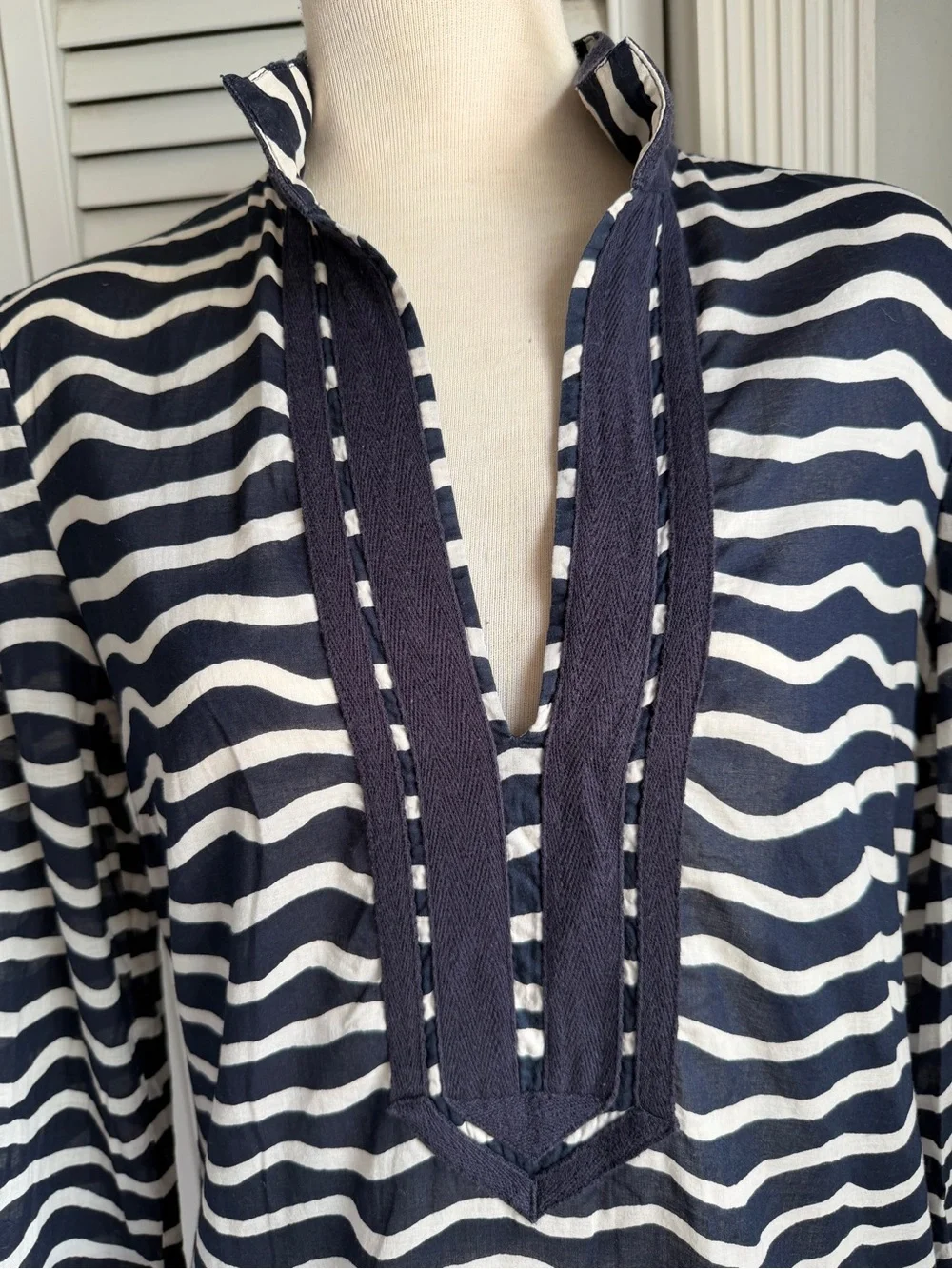 8🌊 Tory Burch Navy and White Wave Stripe Swim Tunic Coverup Dress 3/4 Sleeve